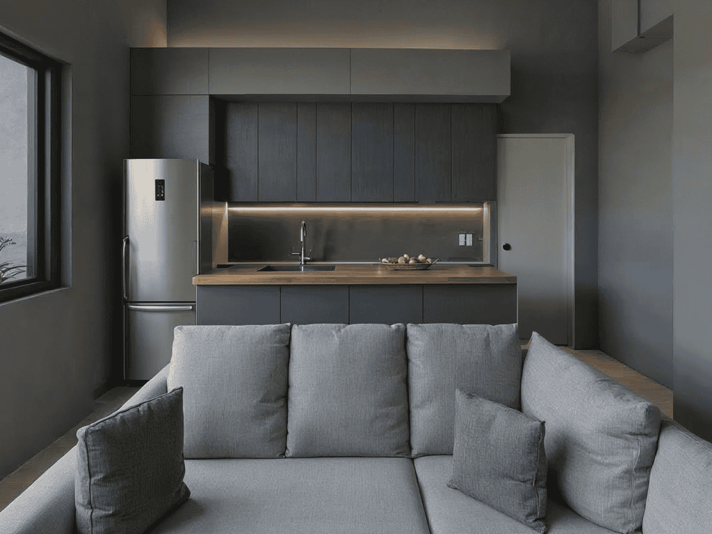 Modern Athens apartment kitchen and living area.