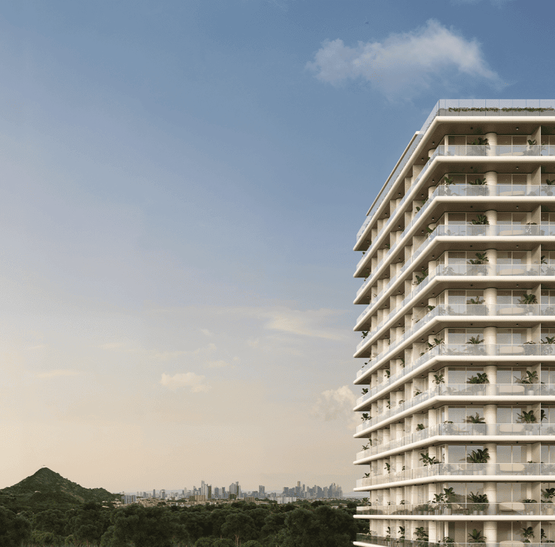 Modern Nautilus high-rise apartment building in Panama City with city views.