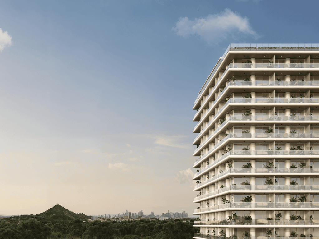 Modern Nautilus high-rise apartment building in Panama City with city views.