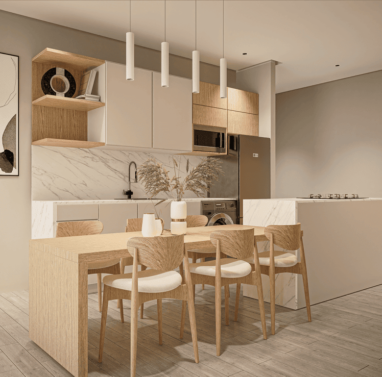 Contemporary kitchen in Panama City with sleek design and natural wood elements.