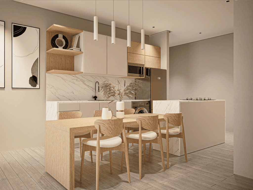 Contemporary kitchen in Panama City with sleek design and natural wood elements.