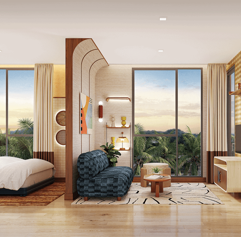 Bright Phuket apartment with large windows and tropical scenery.