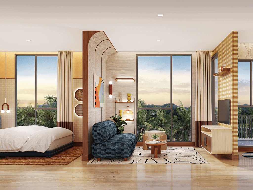 Bright Phuket apartment with large windows and tropical scenery.