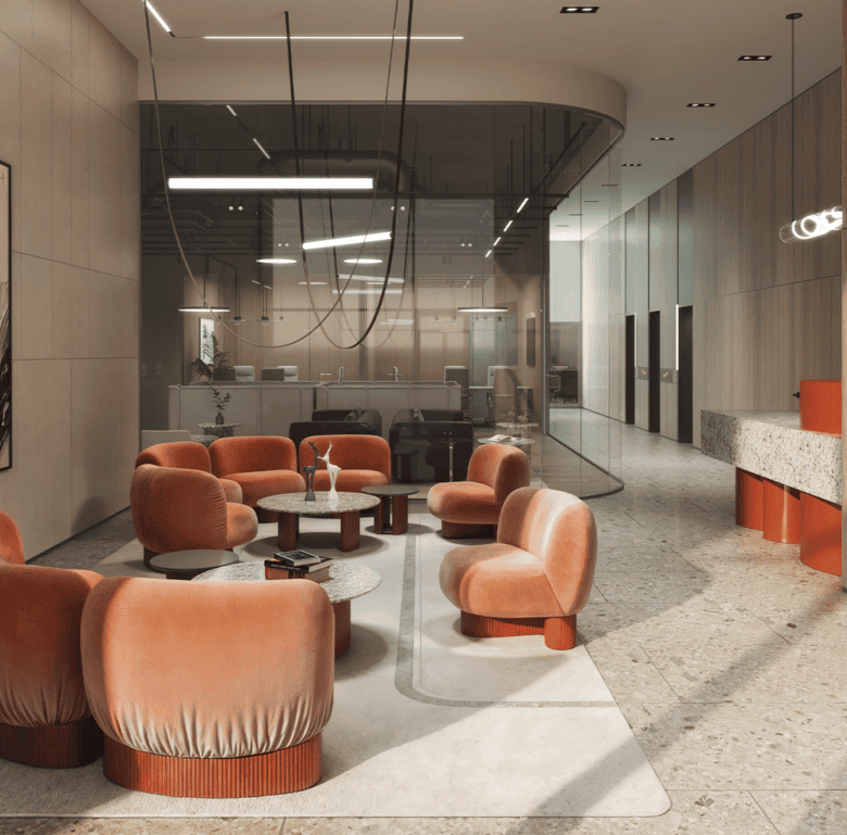 Elegant lobby area in a modern Panama City building.