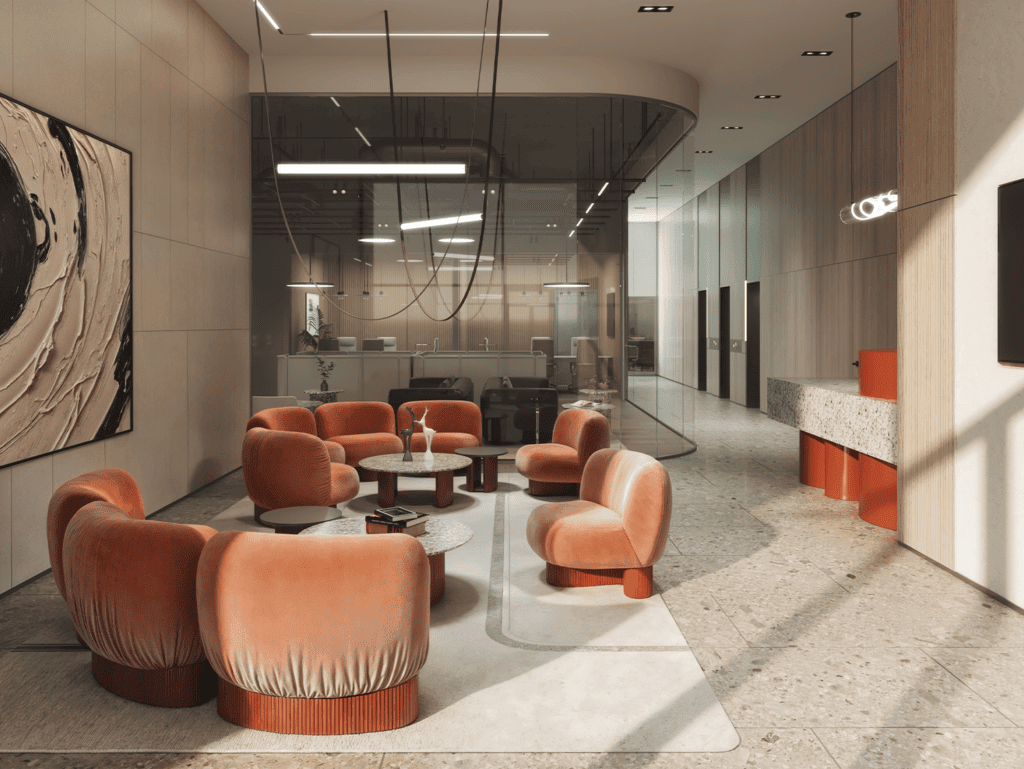 Elegant lobby area in a modern Panama City building.