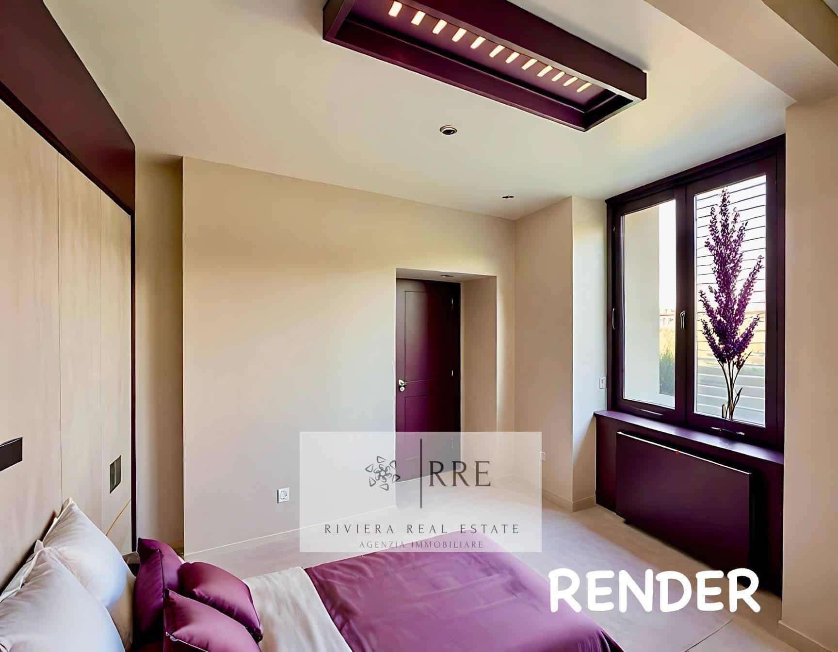 Spacious bedroom featuring a large window, purple bedding, and contemporary decor for a comfortable.