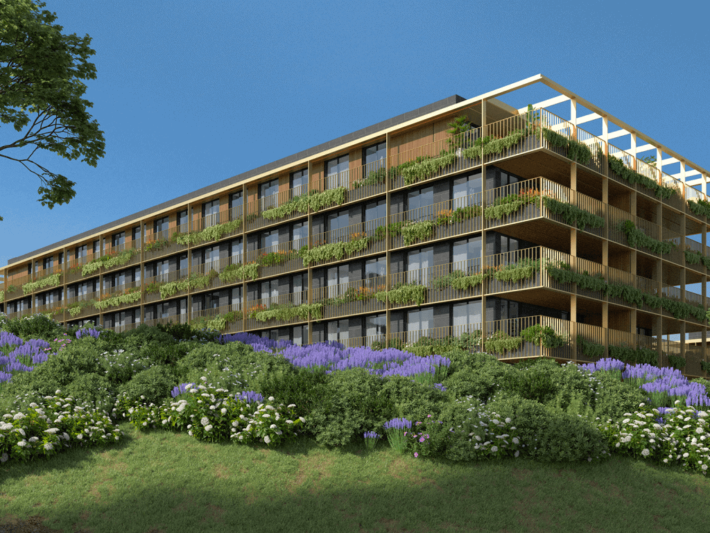 Porto Marina Douro residential building with lush gardens and scenic views.