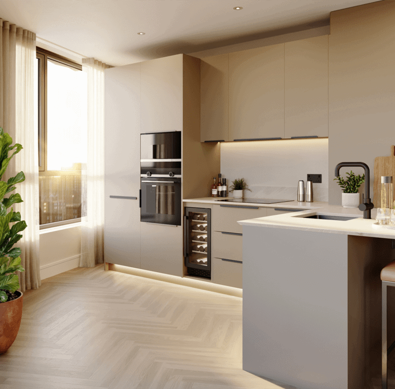Kitchen interior with sleek cabinetry and natural light.