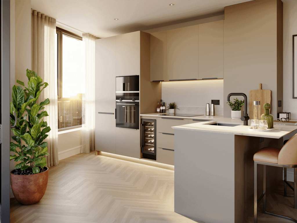 Kitchen interior with sleek cabinetry and natural light.