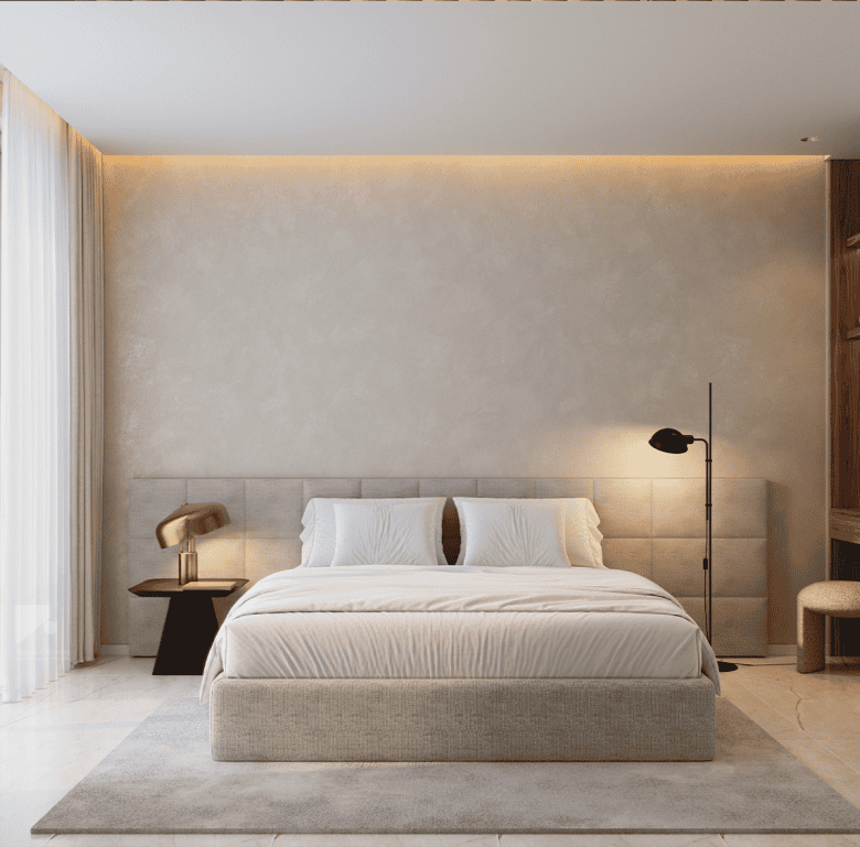 Elegant bedroom interior with minimalist decor and scenic views of Madeira.