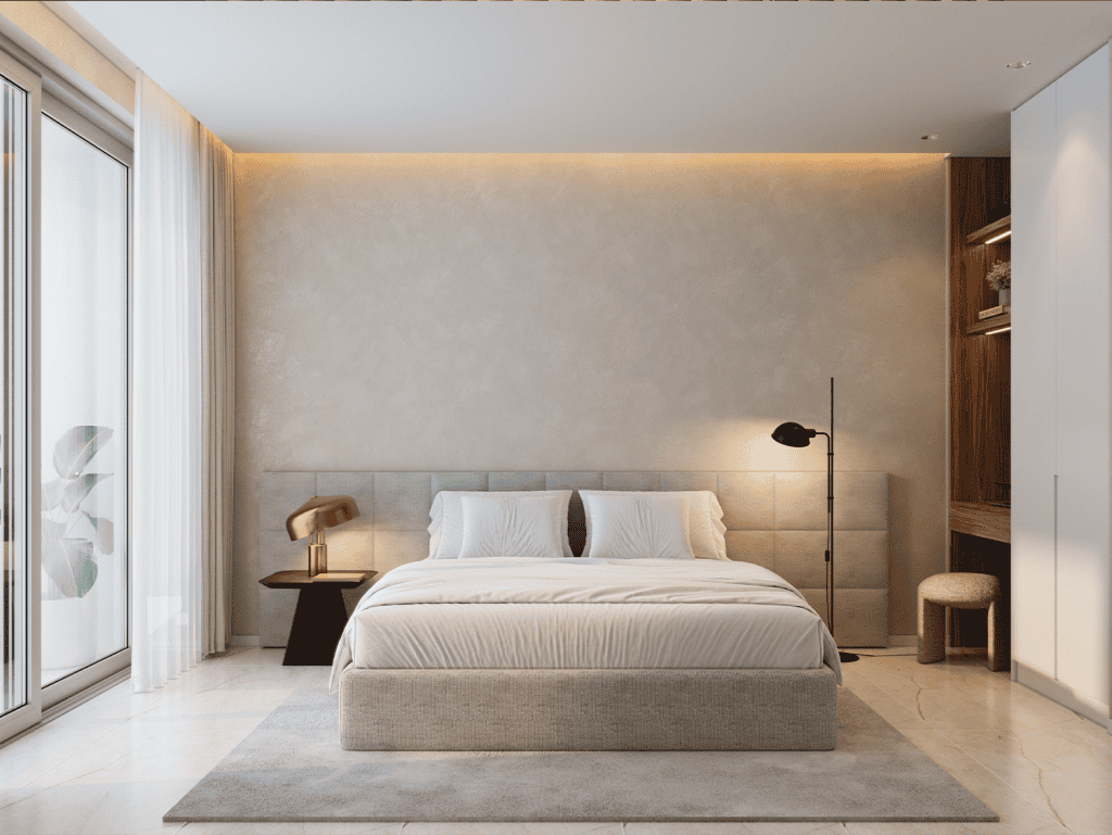 Elegant bedroom interior with minimalist decor and scenic views of Madeira.