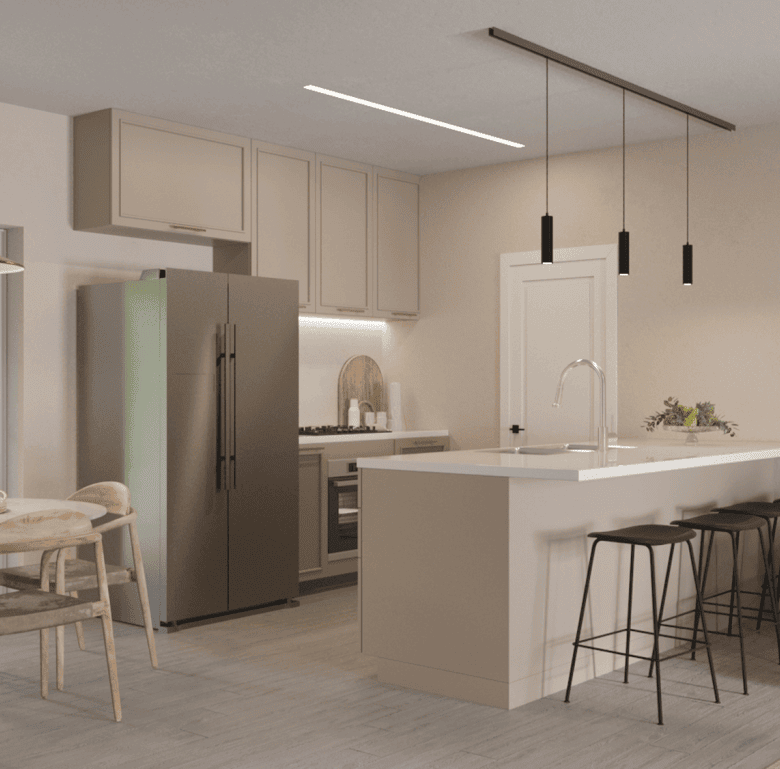 Stylish kitchen featuring a large island, stainless steel appliances, and cozy dining space.