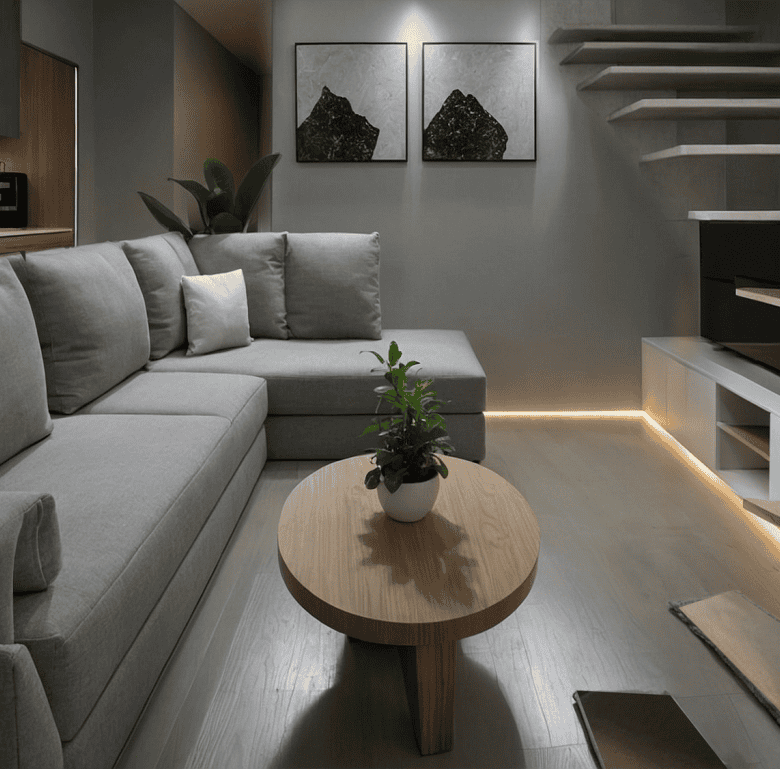 Modern Athens apartment living room with stylish decor and cozy seating.