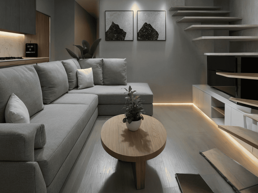 Modern Athens apartment living room with stylish decor and cozy seating.