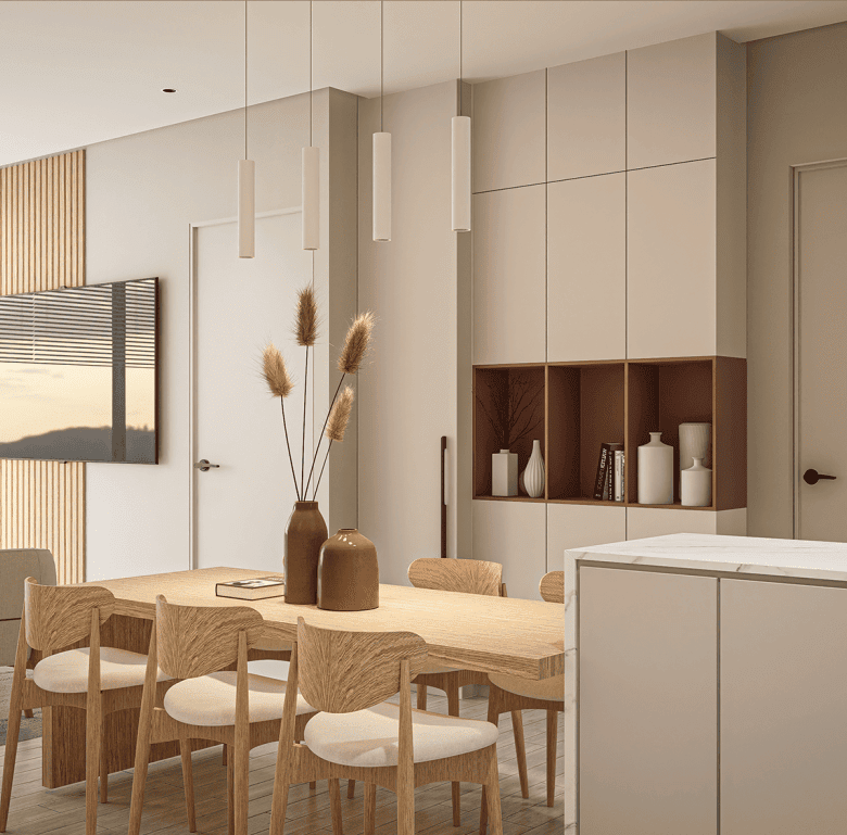 Contemporary dining space featuring stylish furniture and elegant decor.