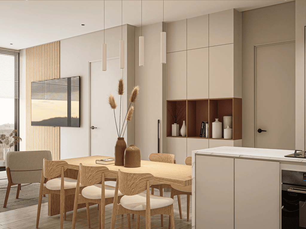 Contemporary dining space featuring stylish furniture and elegant decor.