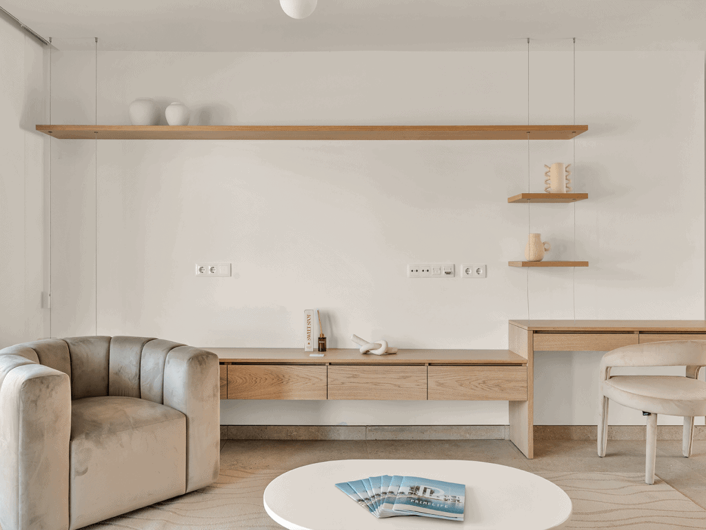 Bright Algarve living room with minimalist decor and natural wood accents.