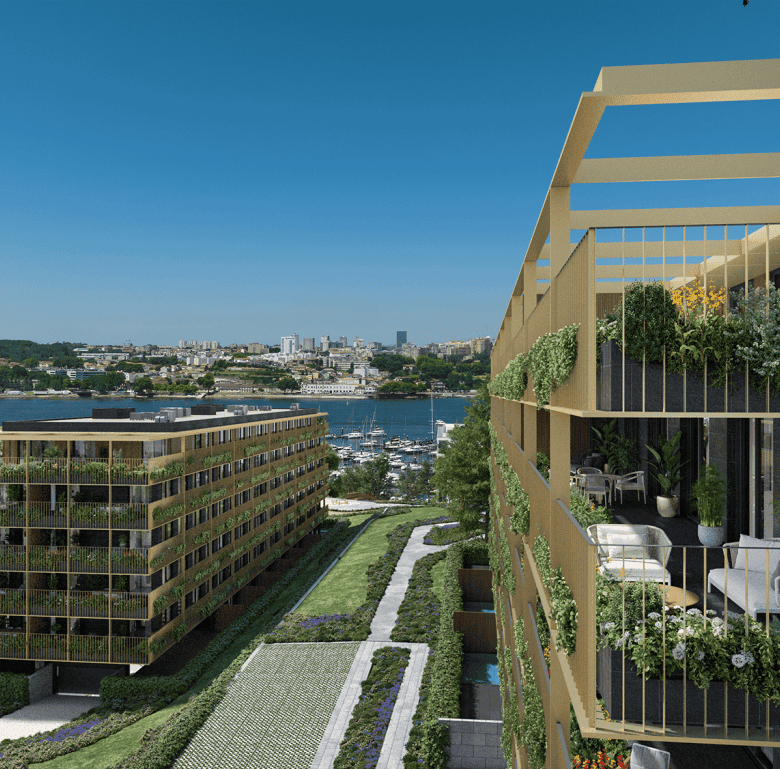 Modern residential buildings overlooking the Douro River in Porto, Portugal.