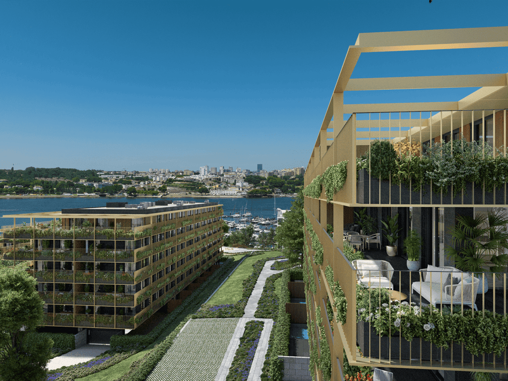 Modern residential buildings overlooking the Douro River in Porto, Portugal.