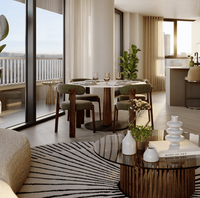Elegant interior with dining area and natural light.