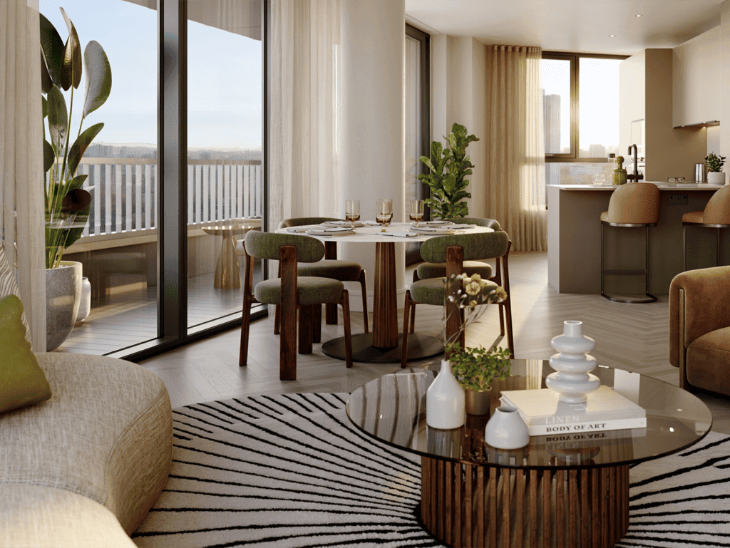 Elegant interior with dining area and natural light.