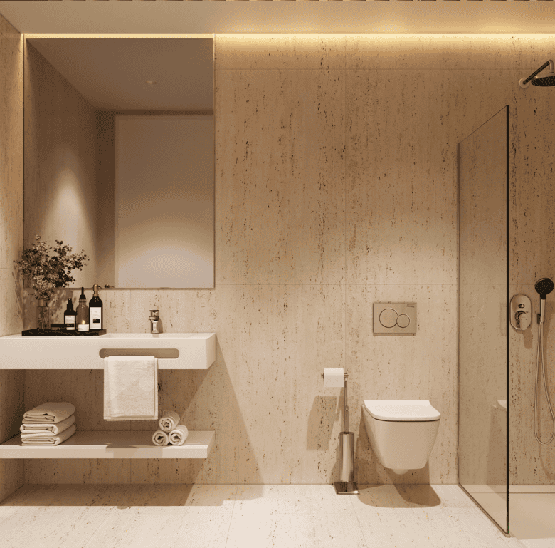 Elegant bathroom with neutral tones, featuring a sleek sink, toilet, and walk-in shower.