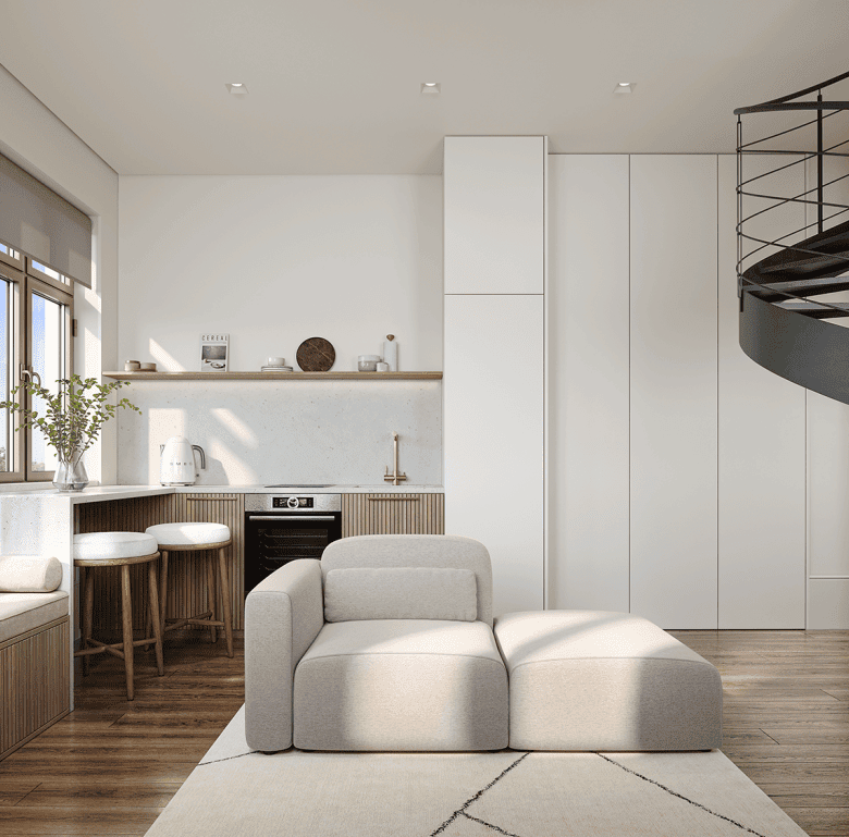 Bright modern Lisbon apartment interior with living room, kitchen, and spiral staircase.