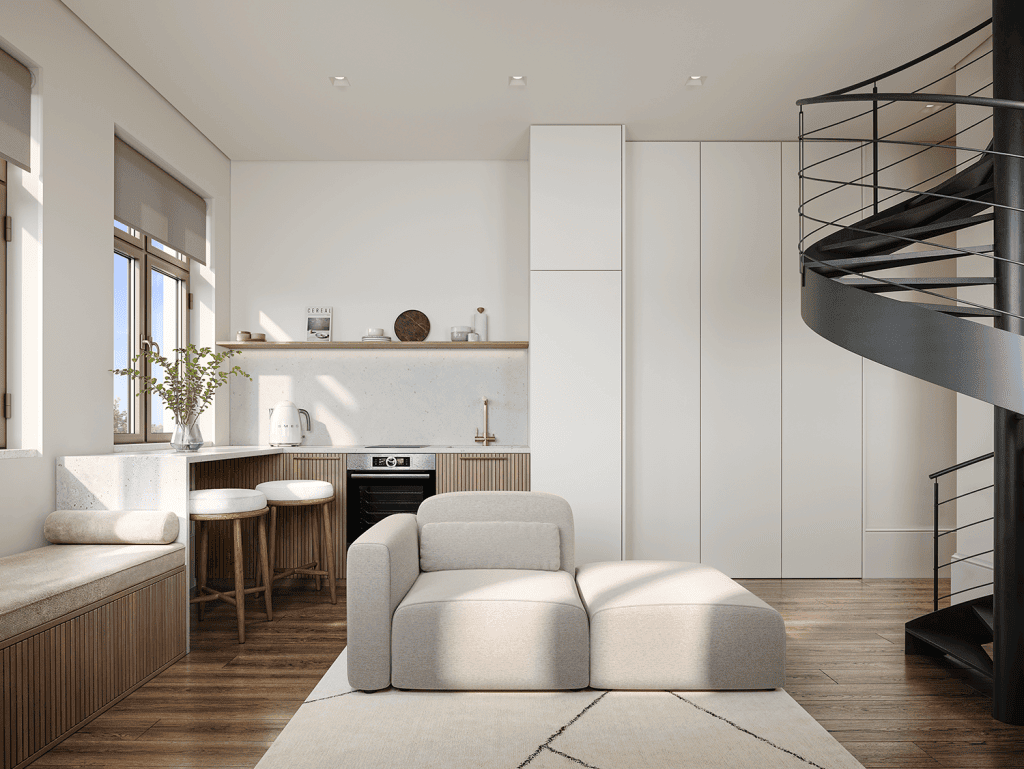 Bright modern Lisbon apartment interior with living room, kitchen, and spiral staircase.
