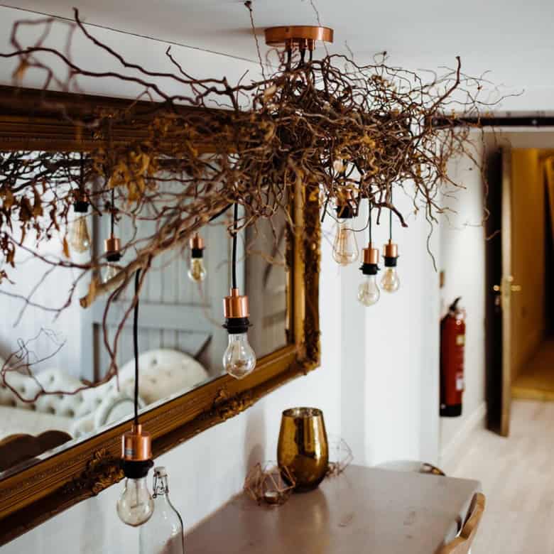 Interior decor with hanging light bulbs and natural branch accents.