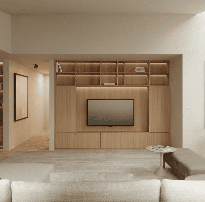Contemporary living room with wooden shelves, TV, and cozy seating in Braga, Portugal.