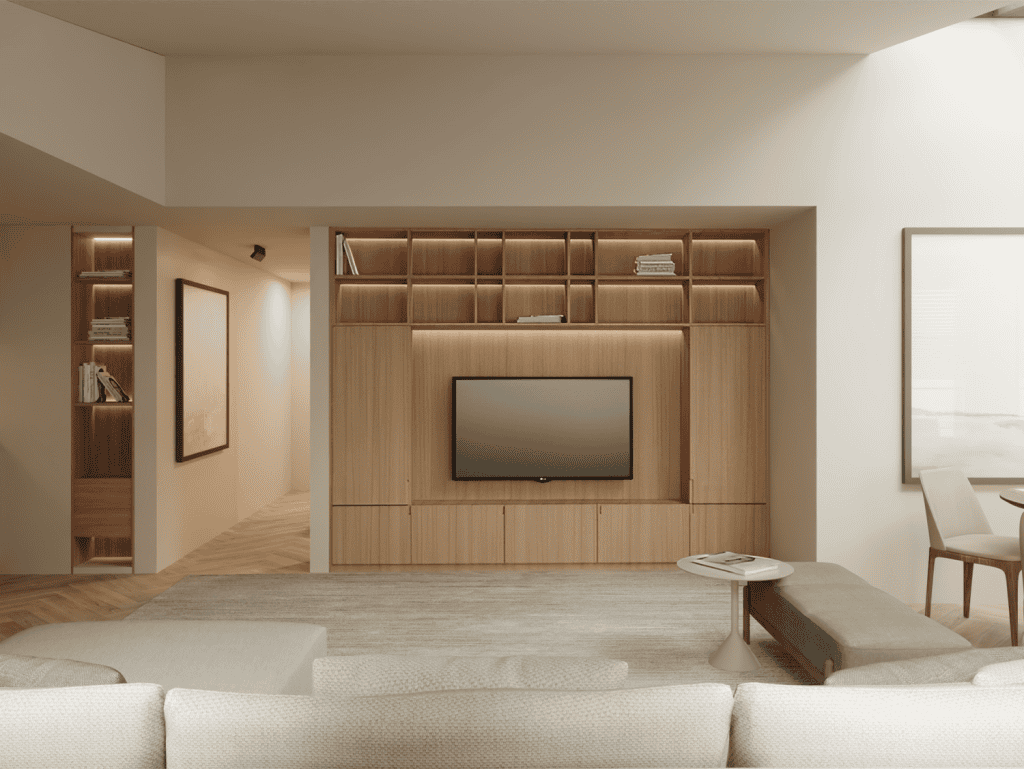 Contemporary living room with wooden shelves, TV, and cozy seating in Braga, Portugal.