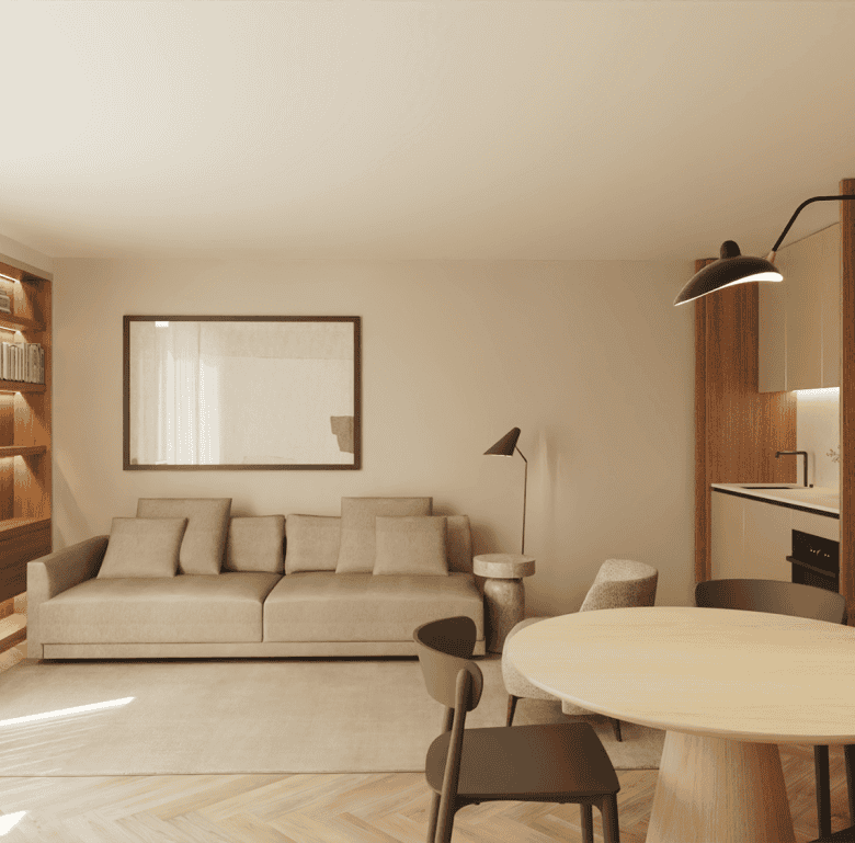 Bright Braga apartment living room with beige sofa and wooden accents.