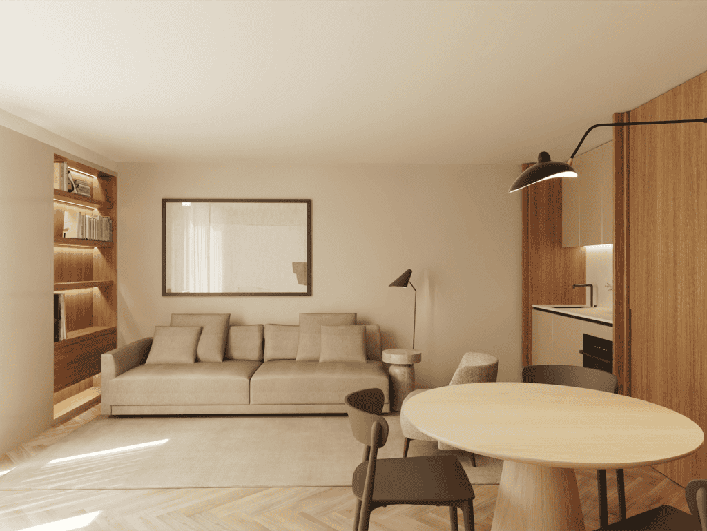 Bright Braga apartment living room with beige sofa and wooden accents.