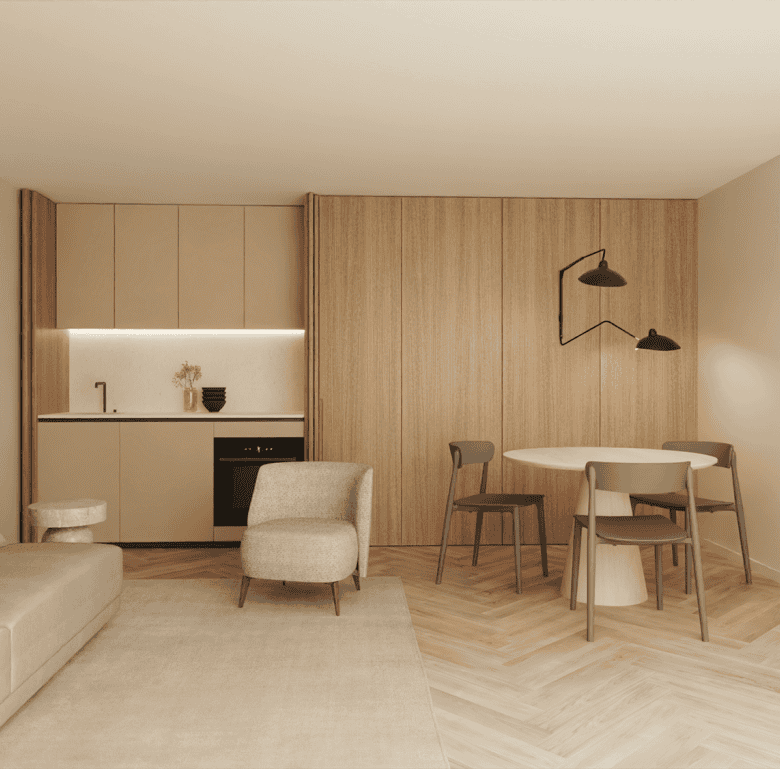 Modern Braga apartment interior with living and dining area, wooden accents, and minimalist decor.