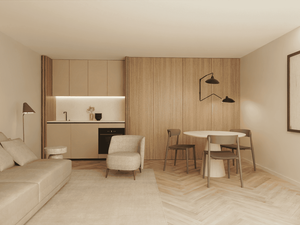 Modern Braga apartment interior with living and dining area, wooden accents, and minimalist decor.