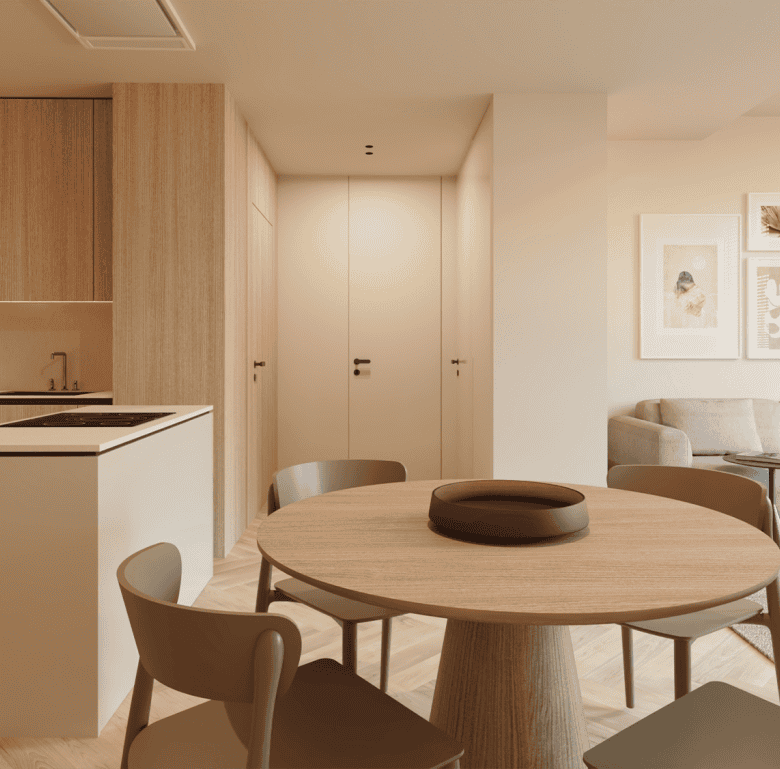 Modern Braga apartment interior with open-plan living and dining area.