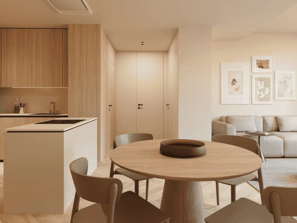 Modern Braga apartment interior with open-plan living and dining area.