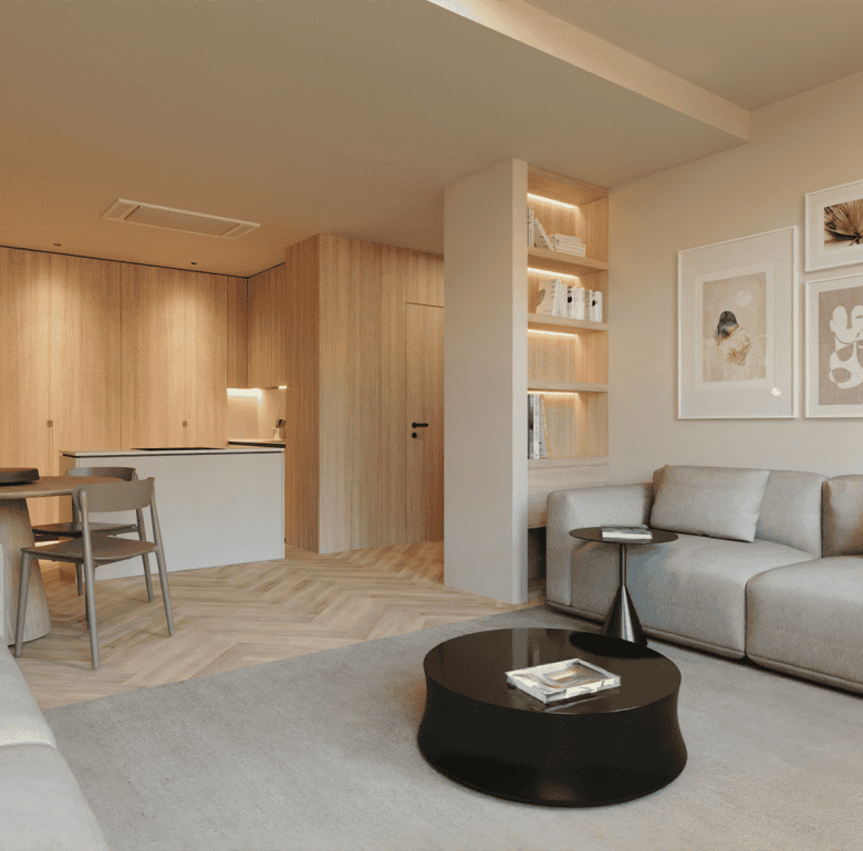 Contemporary Braga apartment living room with minimalist decor and natural wood accents.