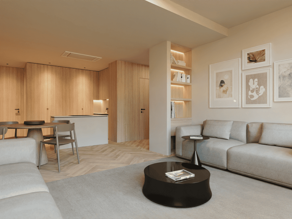 Contemporary Braga apartment living room with minimalist decor and natural wood accents.