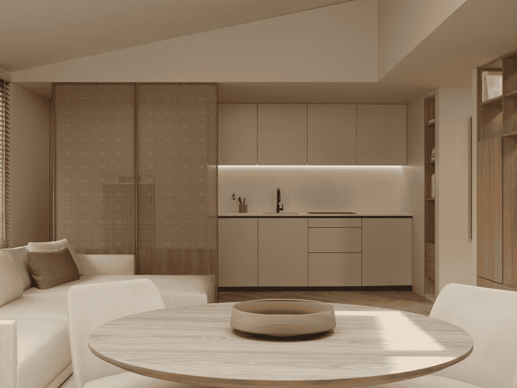 Contemporary Braga apartment interior with sleek kitchen and cozy living space.