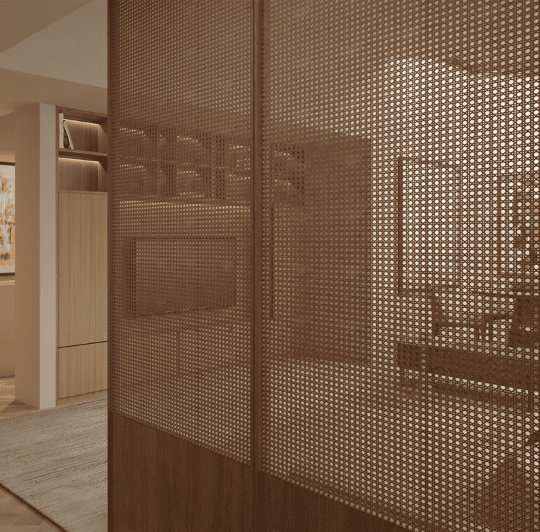 Room divider with perforated metal design separates living and dining areas.