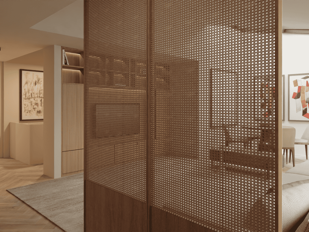 Room divider with perforated metal design separates living and dining areas.