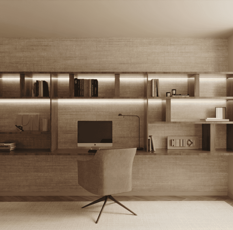 Avenida Central - Braga, Portugal - stylish home office with wooden shelves and workspace.