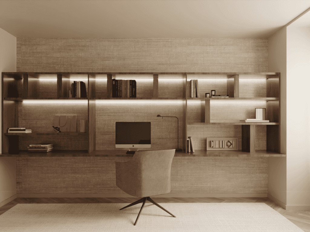 Avenida Central - Braga, Portugal - stylish home office with wooden shelves and workspace.