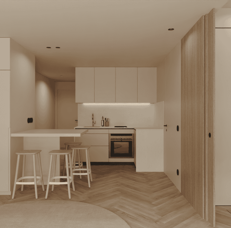 Modern kitchen interior in Braga, Portugal, with minimalist design and natural wood accents.