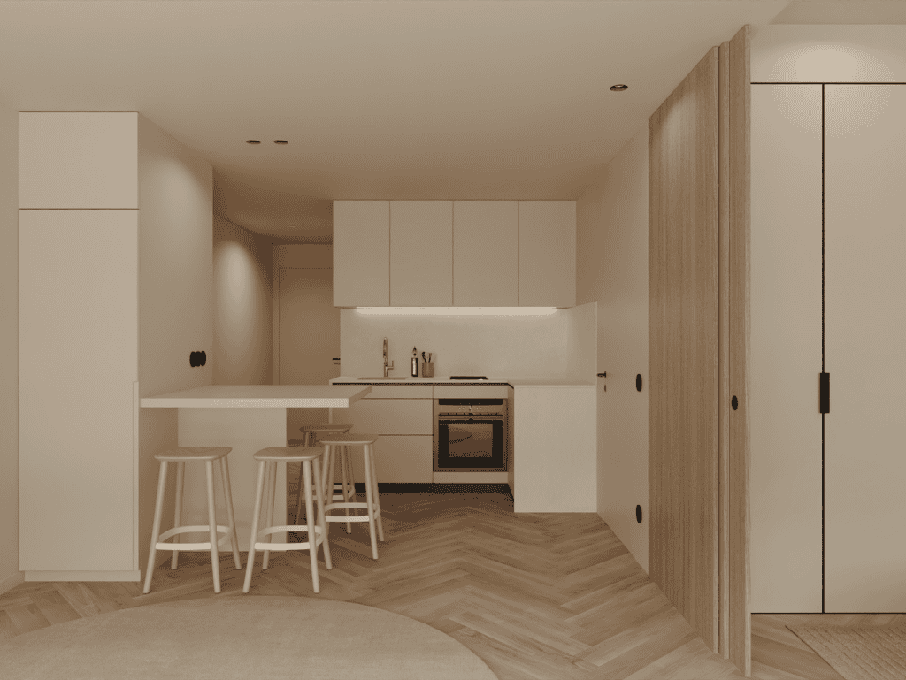Modern kitchen interior in Braga, Portugal, with minimalist design and natural wood accents.