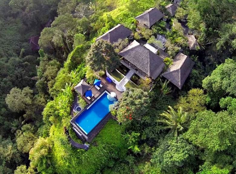 Elegant 5-bedroom Amori Villas in lush Ubud rainforest.