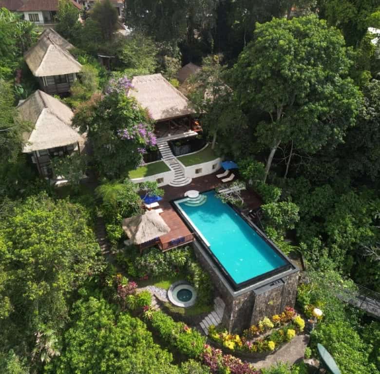 Stunning luxury villa in Ubud Bali with private pool and lush tropical gardens.