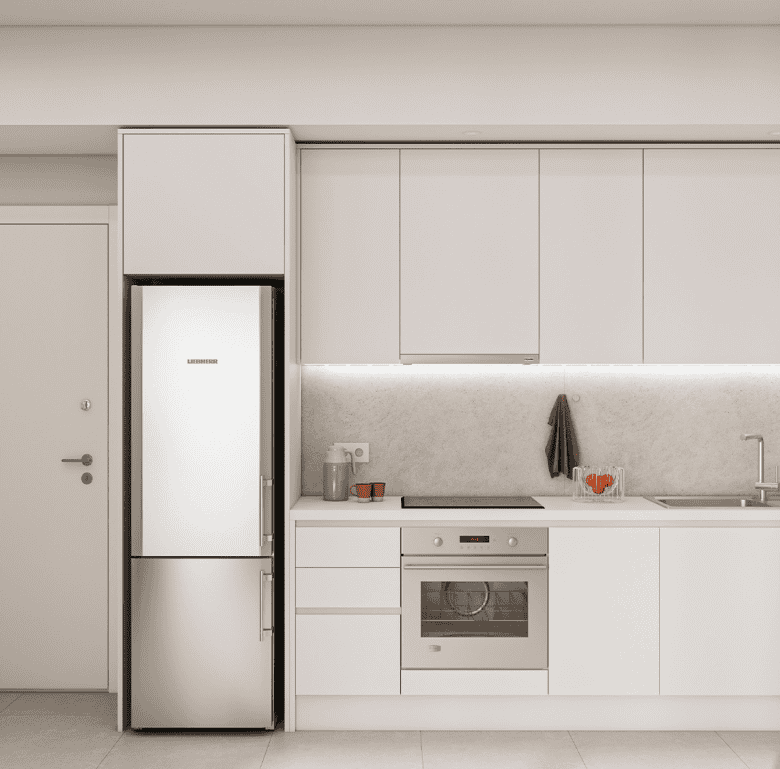 Modern minimalist kitchen with white cabinets and appliances in Athens apartment.