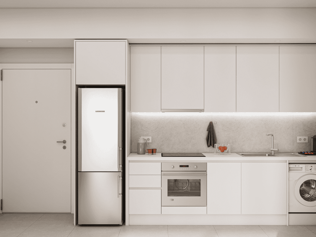 Modern minimalist kitchen with white cabinets and appliances in Athens apartment.